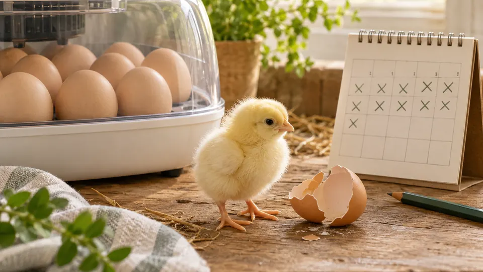 Pollito recién nacido junto a huevos y un calendario de incubación