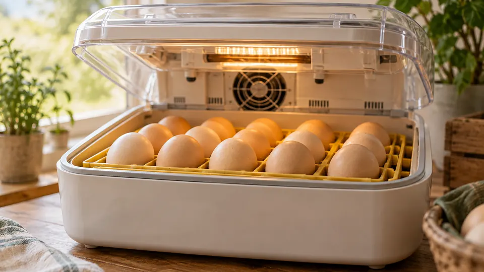 Incubadora abierta funcionando con huevos visibles