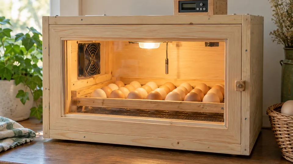 Incubadora casera de madera con huevos, ventilador y termostato